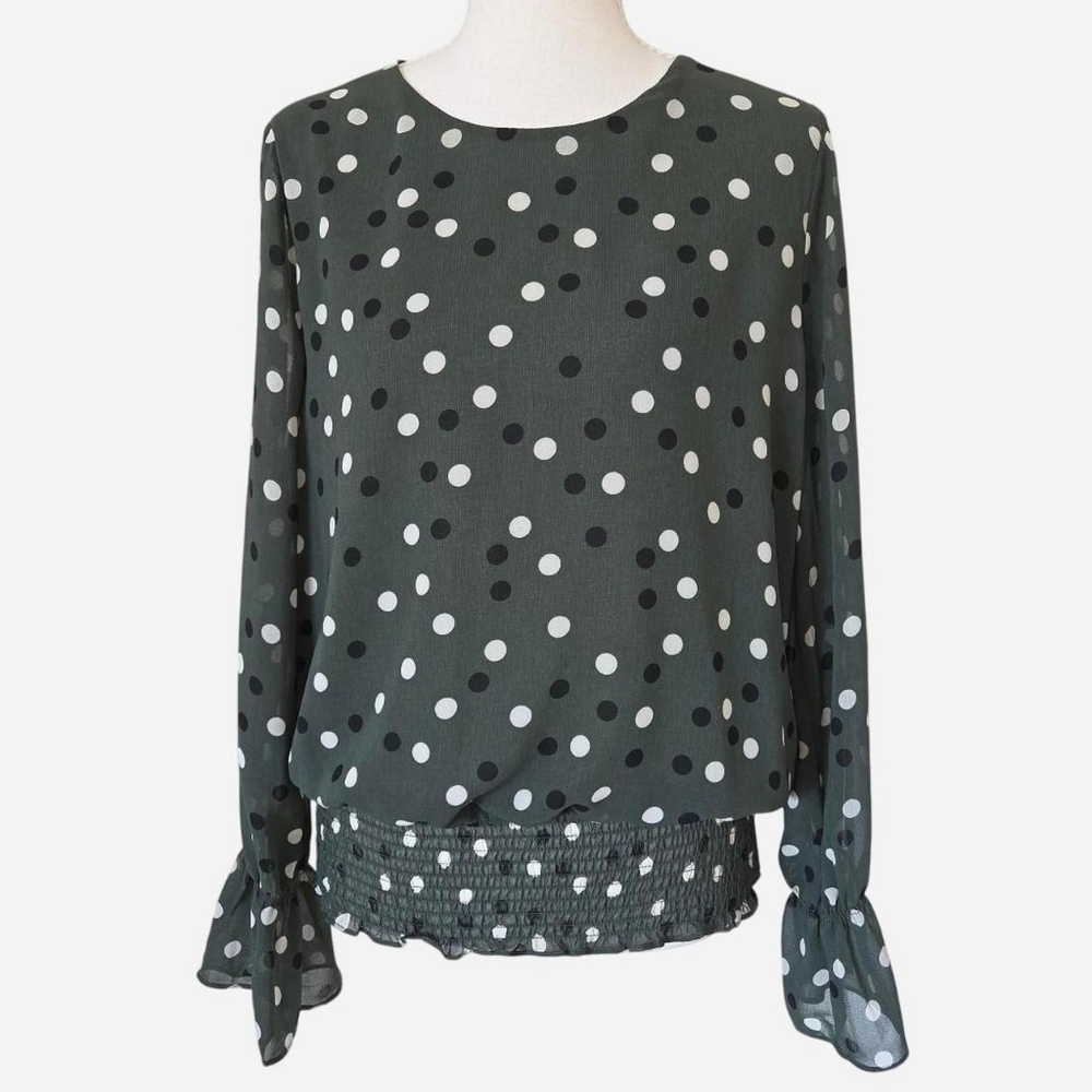 Adrianna Papell Boho Whimsy Bouncing Dot Ruffle Shirt Blouse in Green Size M